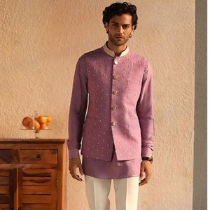 Light Purple Cotton Kurta Set With Bundi Jacket